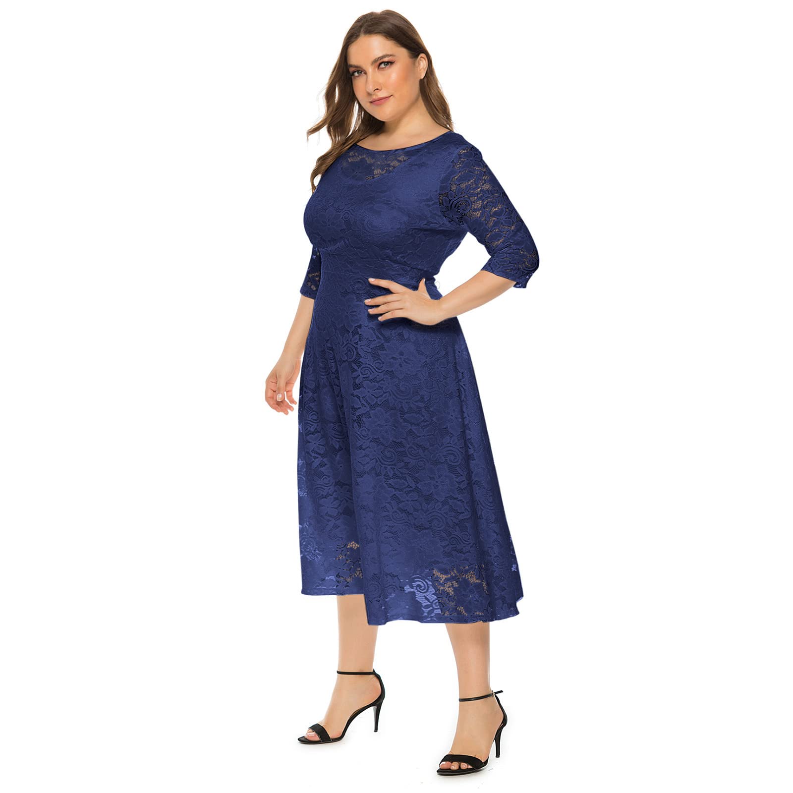 Odizli Damen Elegant 3/4 Ärmel Spitzenkleid Hochzeit Festlich Coctailkleid Abendkleid Große Größen