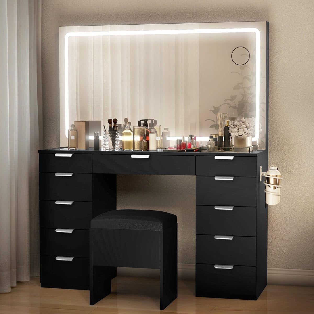 grand furnish engineered wood dressing table with mirror and led light with classic look and modern look