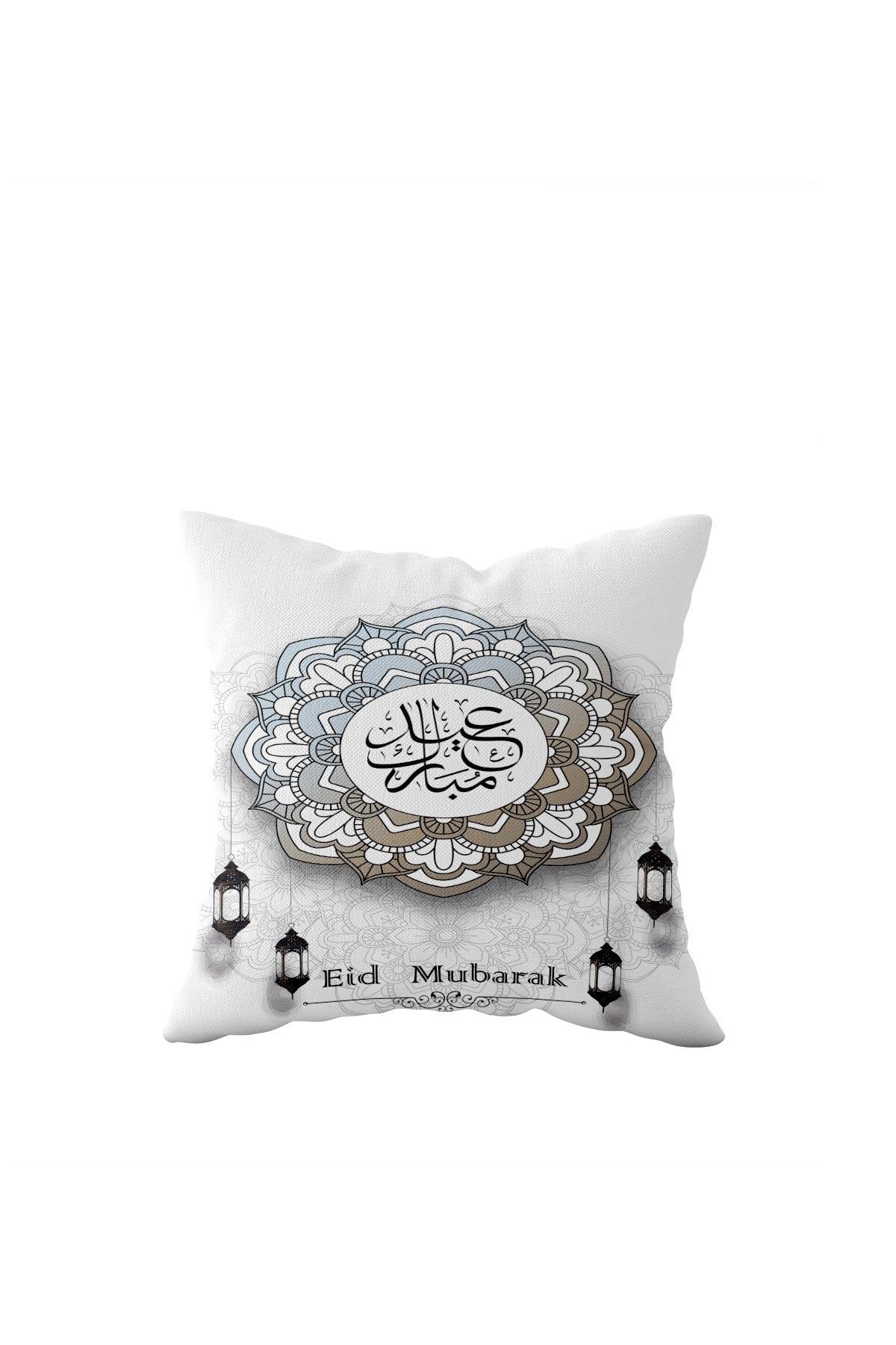 Pelangi Eid Mubarak Beyaz Ramazan Temalı Çift Taraflı Gizli Fermuar Kırlent Koltuk Yastık Kılıfıı, Beyaz-Siyah 43 x 43