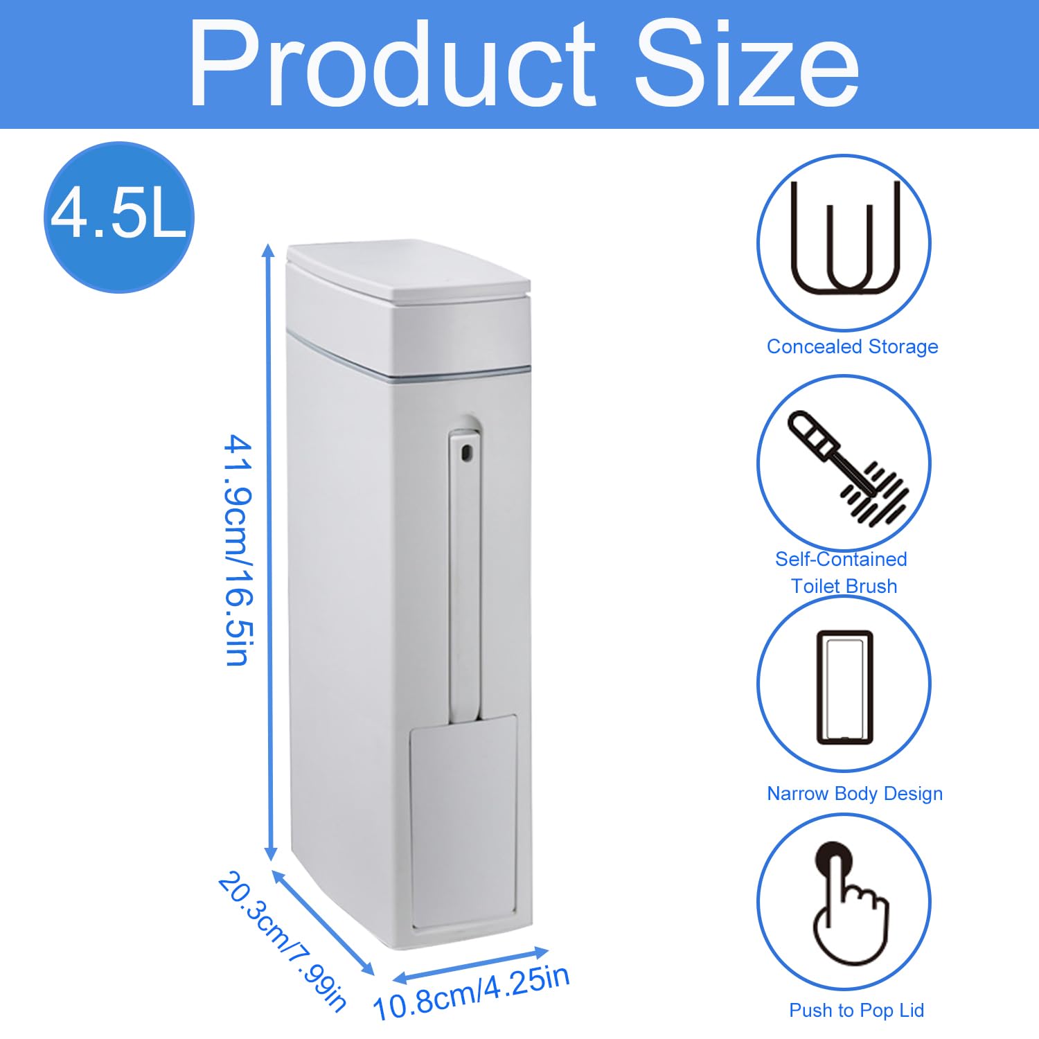 Pattumiera da bagno da 4,5 L con coperchio - Pop-Up cestino di plastica con scopino per WC - A tenuta di odore per bagno, cucina, ufficio, soggiorno, WC in bianco