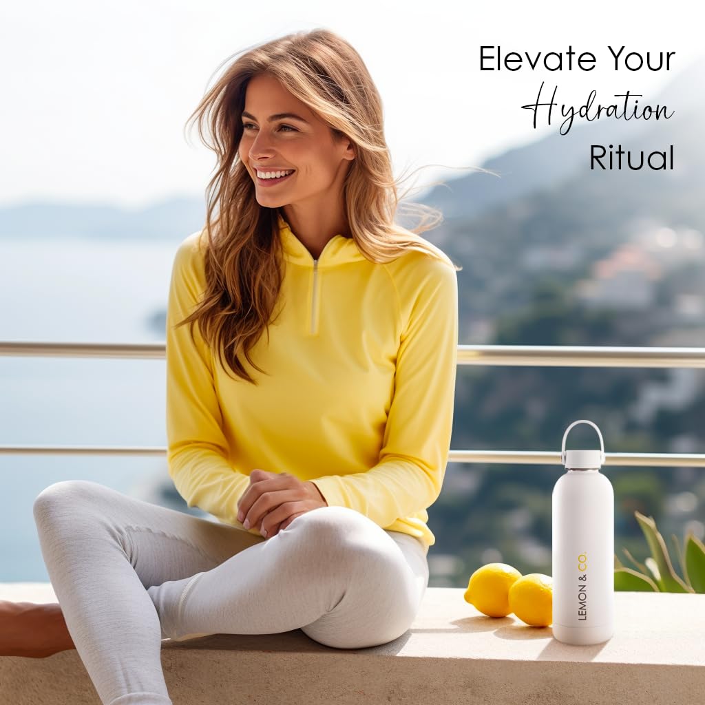 LEMON & CO. Edelstahlflasche (500 ml) – Nachhaltige Wasserflasche mit Griff für heiße und kalte Getränke für Reisen, Fitnessstudio und mehr, doppelwandig, vakuumisoliert, BPA-frei, minimalistisches