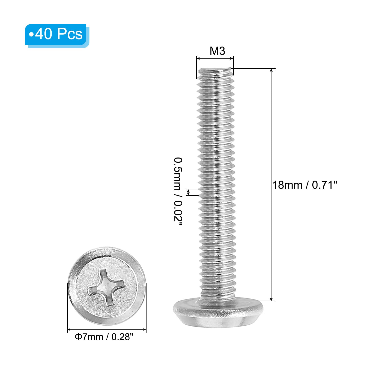 PATIKIL Round Head Phillips Screws, 40 Pack M3-0.5 x 18mm 304 Stainless Steel 18-8 Full Thread - Image 2