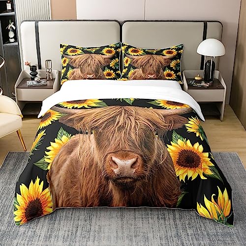 Homemissing Highland Bull 100% Coton Housse de Couette 220x240cm, Highland Bull Sunflower de Cour, Motif de Fleurs Jaunes de Cour Noir pour Chambre à Coucher...