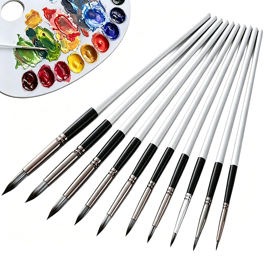 10 Pcs Round Tip Paint Brushes, Synthetic Artist Brush Set, Easy Cleaning Fine Detail Painting Brushes for Watercolour, Acrylic, Oil, Gouache, Beginner Art Supplies