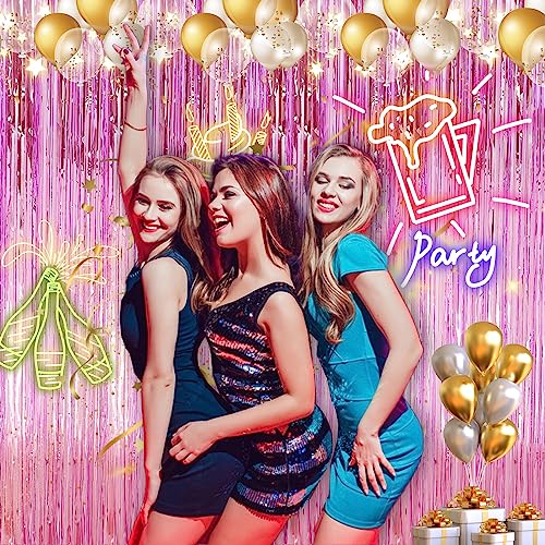 Image of 2 Pack 3.28 ft x 6.56 ft Pink Tinsel Curtain Party Backdrop Decorations, Metallic Foil Fringe Backdrop Door for Halloween, Christmas, Birthday Graduation Wedding Party Streamers Photo Backdrop.