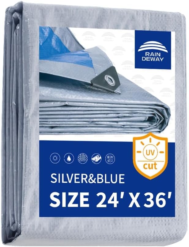 RAINDEWAY Large Tarps 24x36 Feet, 5.5 Mil - Multipurpose Waterproof Poly Tarp Cover with Metal Grommets and Reinforced Edges, Silver/Blue Tarp Silver/Blue 24'×36'-Finished Size