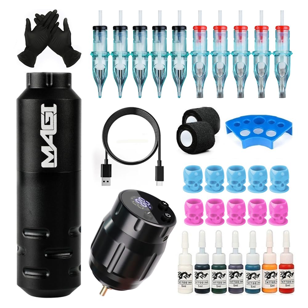 Tattoo Machine Kit Complete Professional Rotary Pen Wireless Tattoo Power Supply Battery Cartridges Needle Accessories Ink Set for Beginners and Artist (Black)
