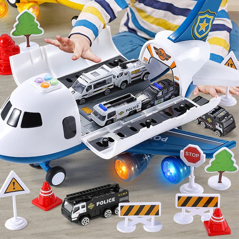 Modèle d'avion à Thème avec Rail Coulissant et Fonction Musicale pour Un Jeu Amusant, Jouet d'avion de 40 Cm de Long avec Voiture en Alliage, Avion Jouet pour Enfants (Thème Policier)