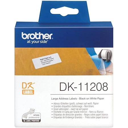 Brother DK-11208 Label Roll, Large Address Labels, Black on White, 400 Labels, 38 mm (W) x 90 mm (L), Brother Genuine Supplies