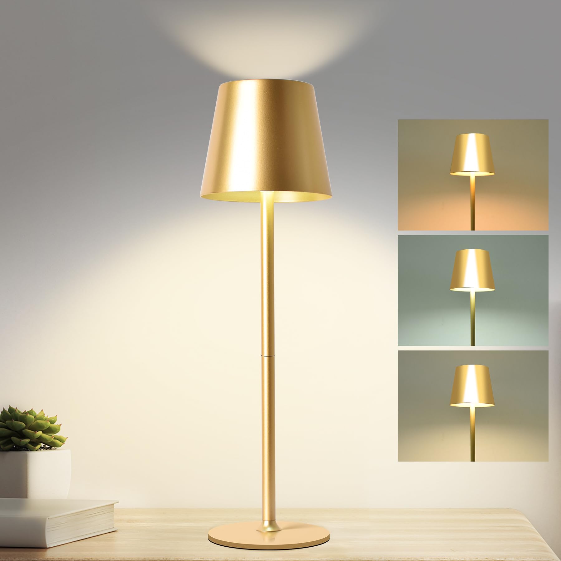Jueholla LED Tischlampe Kabellos Golden – Dimmbare Akku Tischleuchte mit 6000mAh & USB, Voll Metall, 3 Lichtmodi – Ideal für Schlafzimmer, Esszimmer & Bar