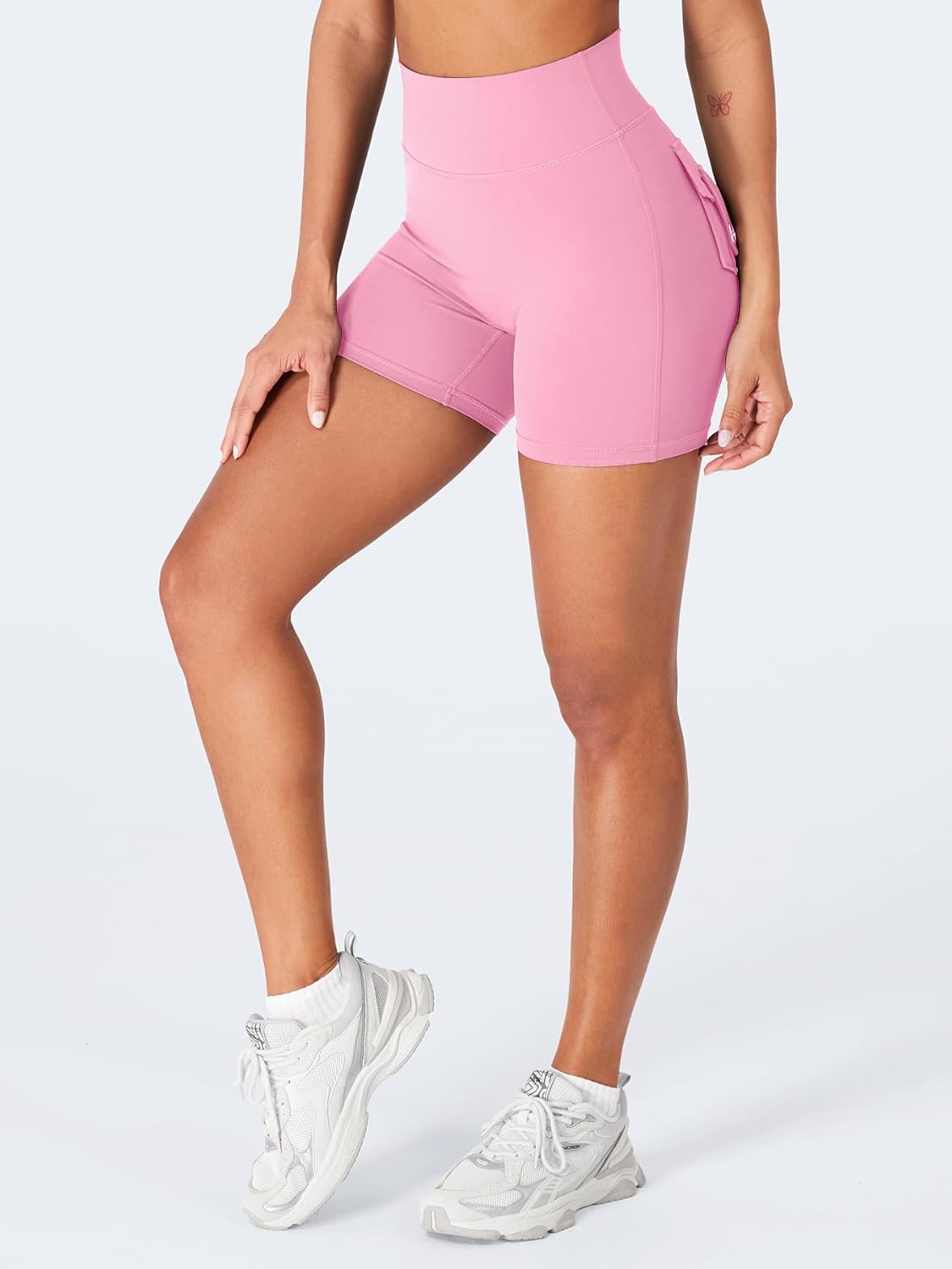 YEOREO CoreFlex Scrunch Workout Shorts with Pockets for Women 4.5" High Waisted Cargo Gym Biker Shorts Tummy Control Yoga - Image 5