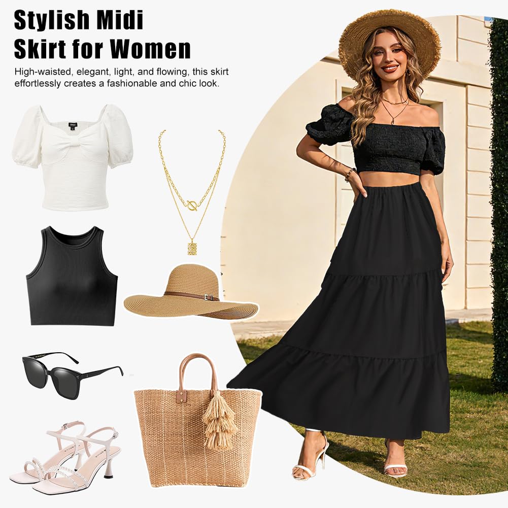 Spódnica damska z kieszeniami – Basic Solid A-Line elegancka plisowana spódnica do kolan, spódnica skaterska, styl boho, spódnica maxi, do noszenia na co dzień, elastyczny ściągacz, długa