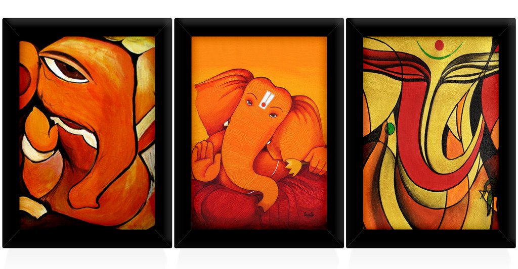 TIED RIBBONS Pack of 3 Ganesh Painting with Frame for Wall Decoration Home Decor Main Door Pooja Room Office Bedroom Gift Items (13.6 inch X 10.2 inch)-image-24