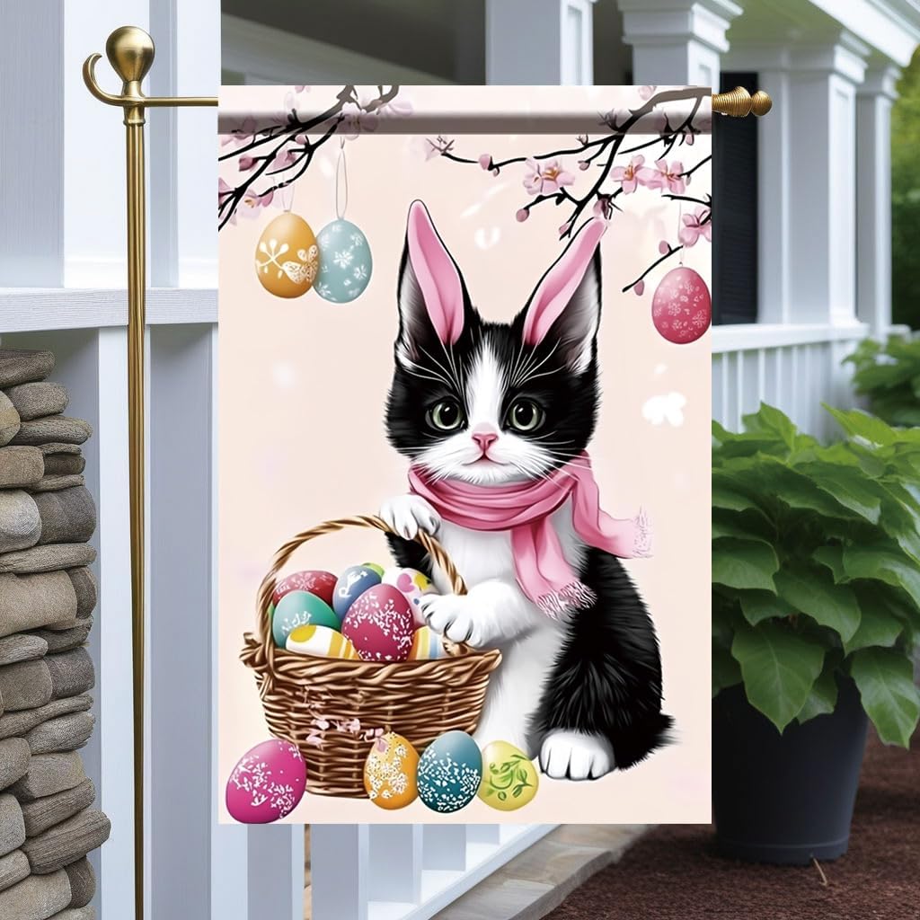 Easter Cat Garden Flag 12x18 Inch Double Sided Outdoor Yard Banner with Bunny EarsKitten and Easter Eggs Spring Basket Design for Patio Lawn Porch Holiday Decoration Decor - Image 7