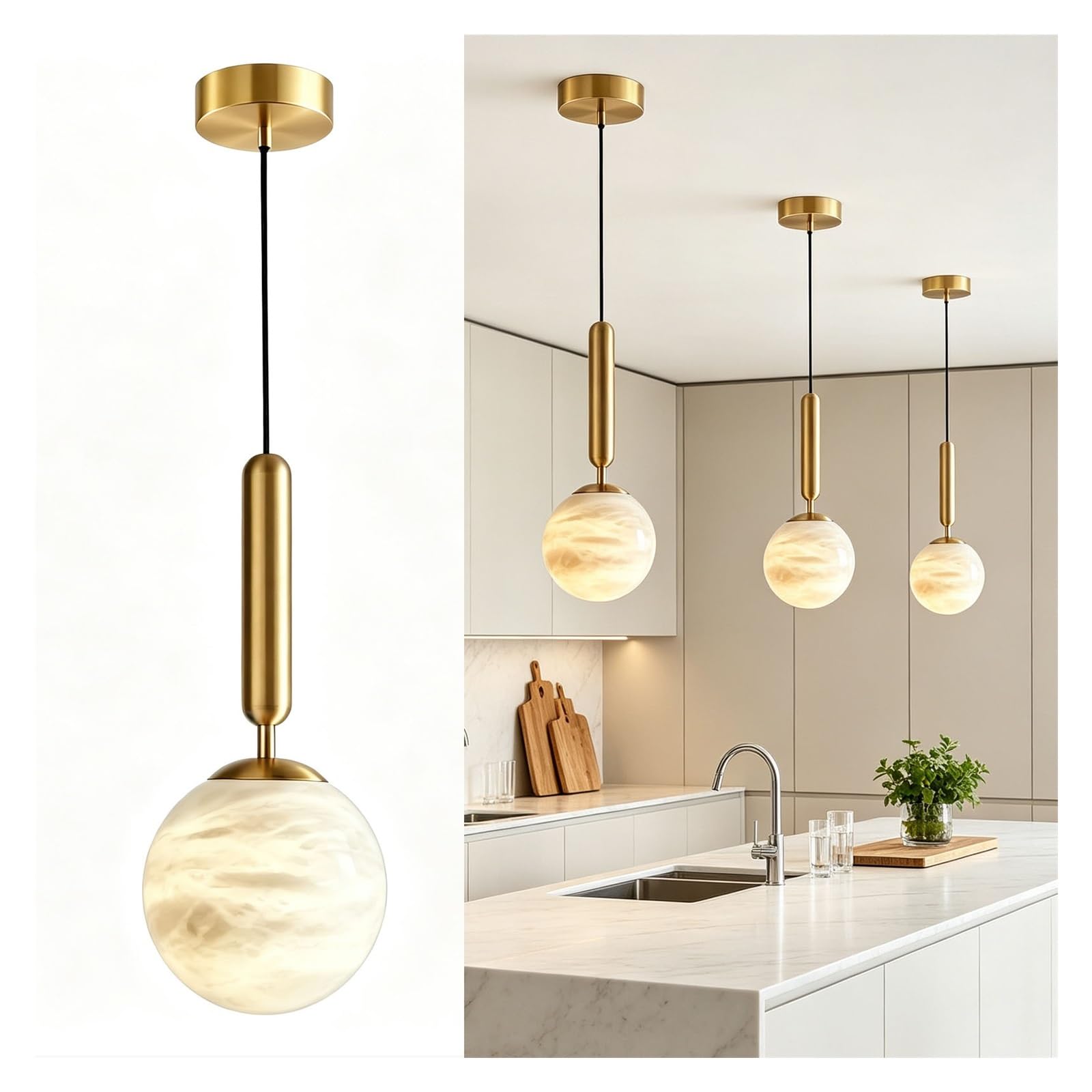 LUOYAOB Alabaster Pendant Light Globe Marble Chandelier Gold Hanging Lamp