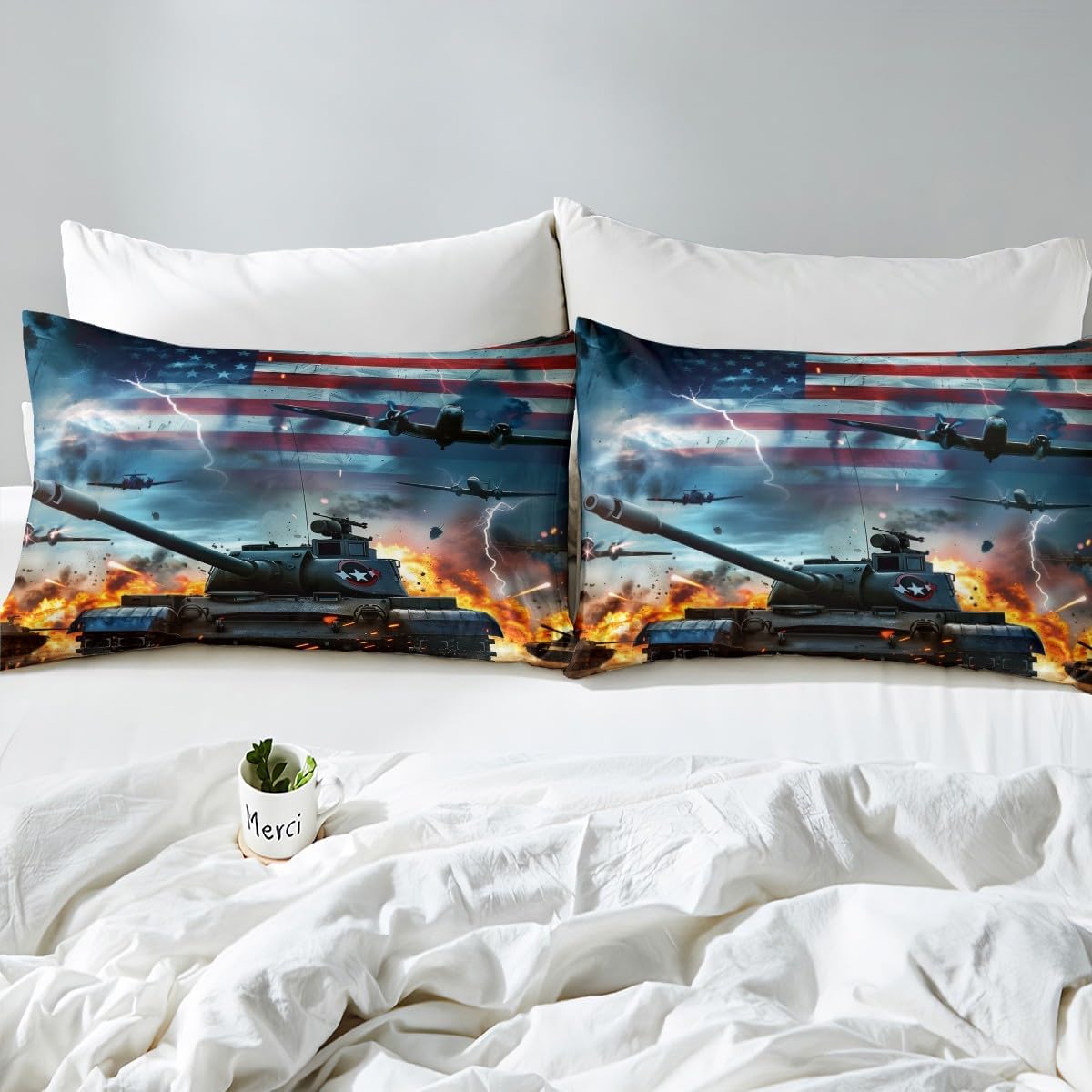 American Flag Fitted Bed Sheets Tank Gun Bedding Sets Military Theme Fitted Sheet Set For Teen Boys Adults Men Camouflage Bedroom Fighter Plane National Flag Aircraft Deep Pocket 2 Pieces Twin Size