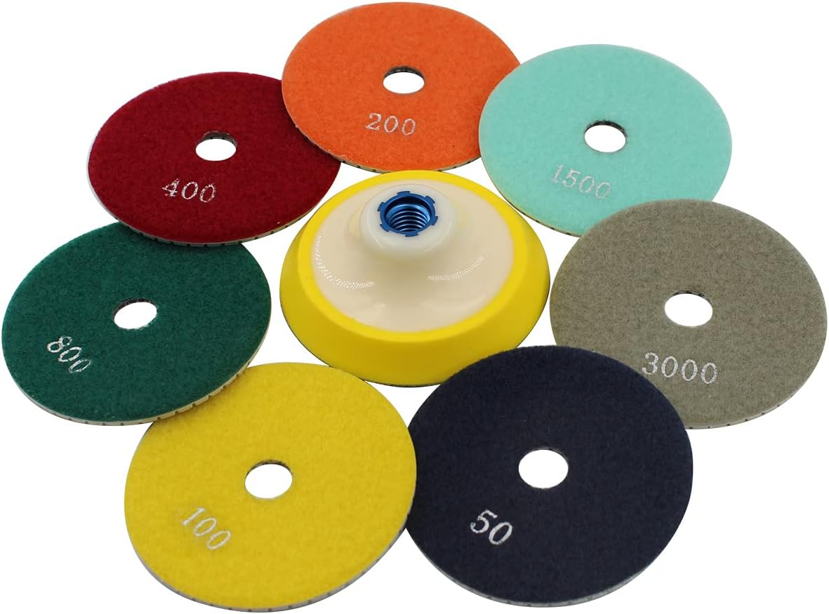 4" Diamond Polishing Pad and Backer Pad 5/8"-11 - Wet Grinding Polishing Tile Stone Marble Granite Concrete Ceramics Glass 8Set
