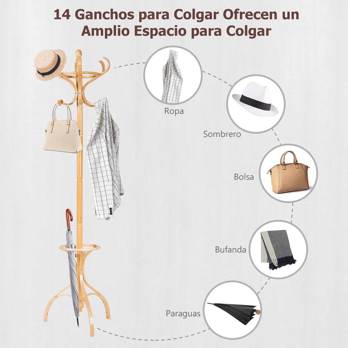 GOPLUS Perchero de Pie de Madera Maciza con 12 Ganchos y Soporte para Paraguas, Perchero Árbol para Colgar Abrigos, Sombreros y Bolsos, para Entrada, Pasillo, Dormitorio, Recibidor, 182 cm (Natural)