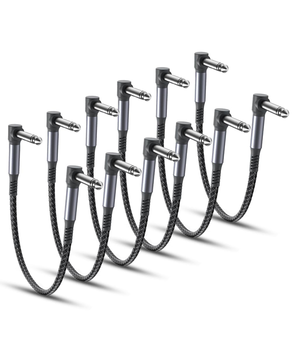 RUXELY Guitar Patch Cables 6-Pack,6 Inch 6.35MM Effects Pedal Board Cord 1/4" Right-Angle Nylon Braided Audio Cable Connector Shielded TS Copper Male Line for Microphone Amp/Amplifier Mixer