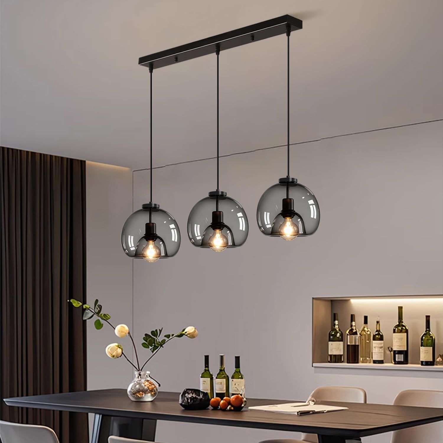 Lampada a Sospensione in Vetro Vintage, 3 luci Lampadario da Soffitto Cucina E27, Paralume Vetro Trasparente Nero, Bianco Caldo 3000K Altezza Regolabile per Camera da Letto, Sala Da Pranzo, Kitchen