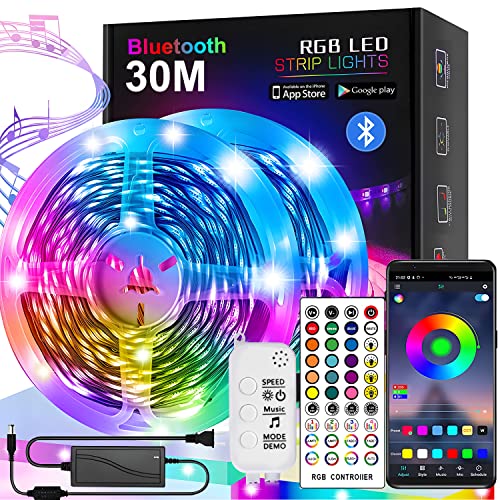 AXIDUN Tira LED de Bluetooth 30M, Tira Luces Led RGB 5050 Sincronizar con Music Iluminación a Través de APP, Control Remoto de 44 Teclas, Adecuado para el Hogar y al Aire Libre, Decoración DIY.