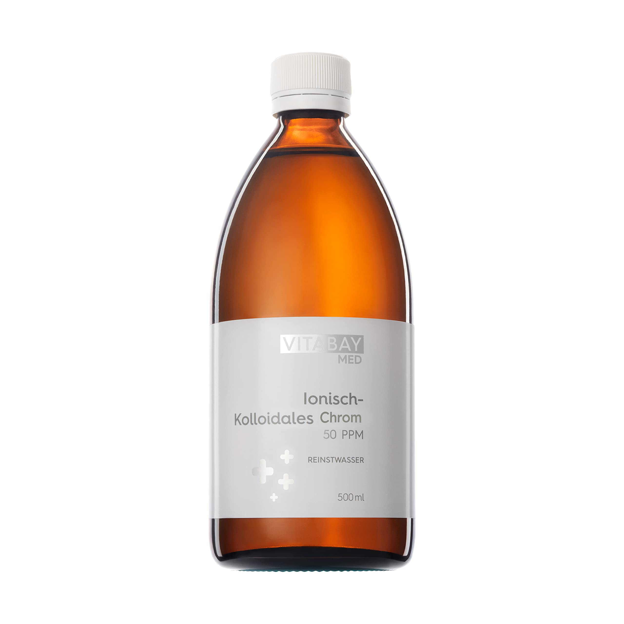 Vitabay Cromo coloidal 50 PPM • 500 ml • Alta dosis • Nivel de pureza 99,99% • Sin aditivos adicionales • Envasado en una botella de cristal ámbar • Fabricado en Alemania