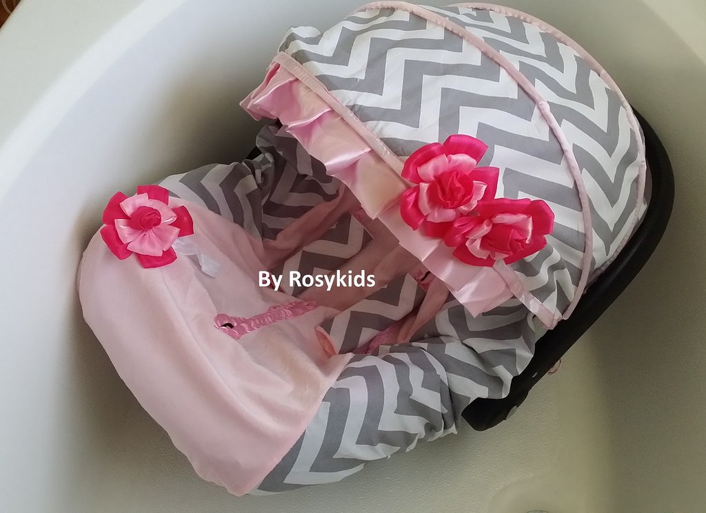 Rosy Kids Infant Carseat Canopy Cover 4pc Whole Caboodle, Baby Car Seat Cover Baby Blanket Outdoor Kit, Cotton Chevron Print, Baby Pink