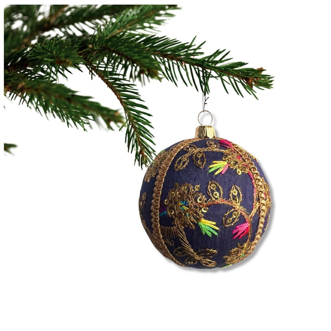Marisha Mistry Deep Blue With Gold Threadwork, Sequins & Neon Accents Veena Bauble – Navy Blue With Gold And Multicolour Embroidery | 8 Cm | Luxury Handmade Fabric Ornament | Sustainable Home Décor | Elegant Gifting & Event Styling | Uk Artisan Made