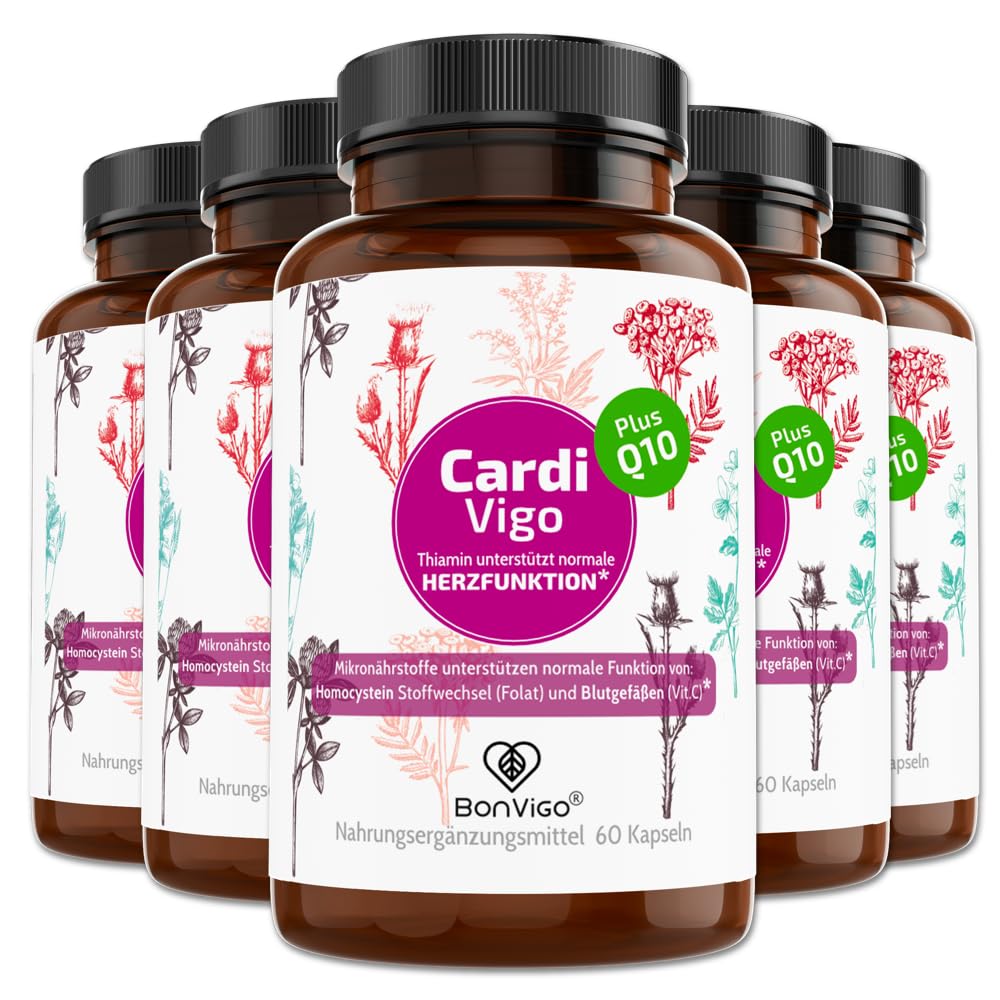 CardiVigo mit Thiamin für normale Herzfunktion. Plus Weißdorn, Q10 | Folat für normale Blutbildung & Vitamin C zu normaler Kollagenbildung für normale Funktion der Blutgefäße & Pflanzenextrakte