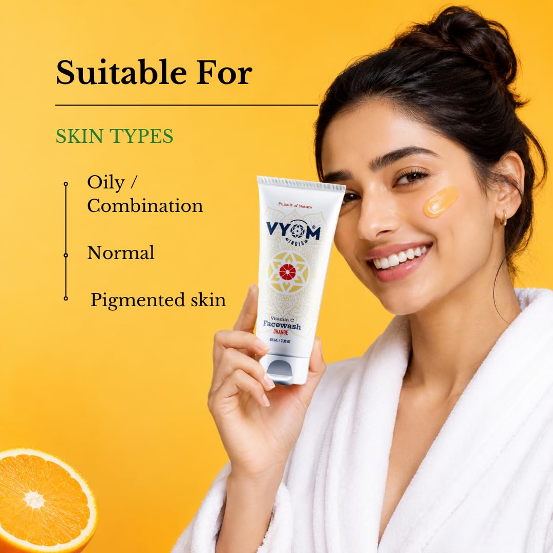Vyom India Vitamin C Face Wash 100ml for Women & Men Orange Face Wash for Glowing & Hydrating Skin, Improves Skin Tone, Fades Dark Spots, Sulphate & Paraben Free 100% Organic & Natural 1