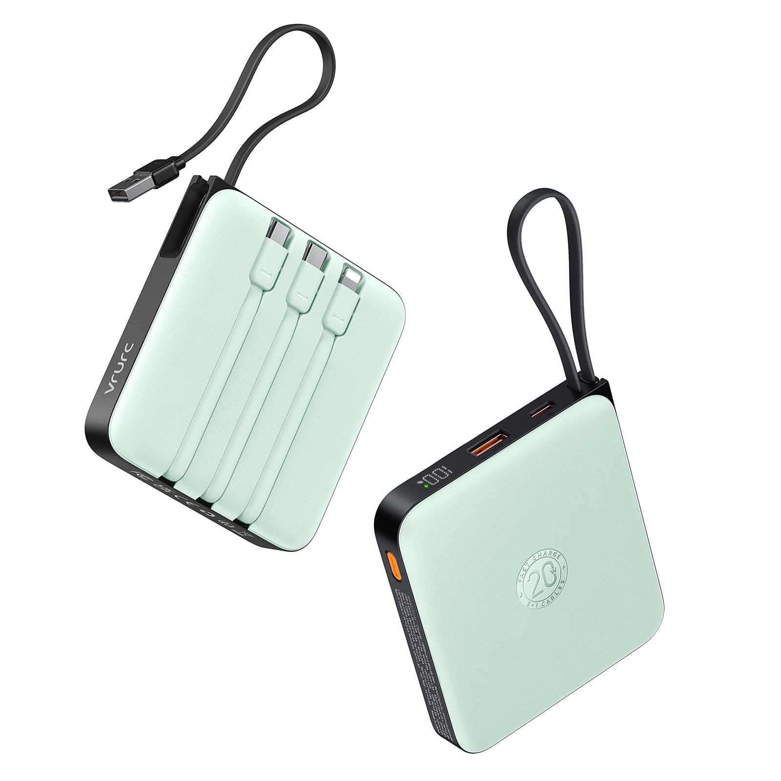 VRURC Powerbank 20000mAh Power Bank mit Kabel Klein USB C 22.5W QC3.0 Schnelles Aufladen Tragbares Ladegerät Externe Handyakkus Klein Aber Stark mit LED-Anzeige für iPhone Huawei Smartphones (Grün)