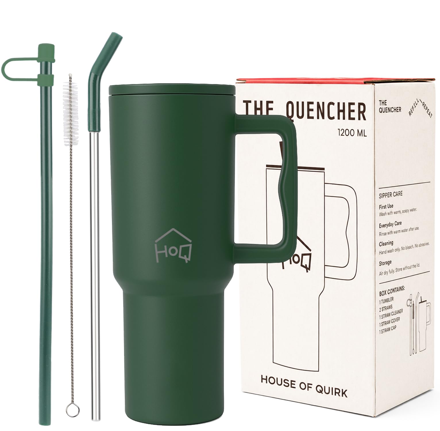 House of Quirk 1200ML Stainless Steel Tumbler with Handle & Lid, 2 Straws – Large Travel Mug Water Cup for Gym, Office & Outdoor Use (Hunter Green)