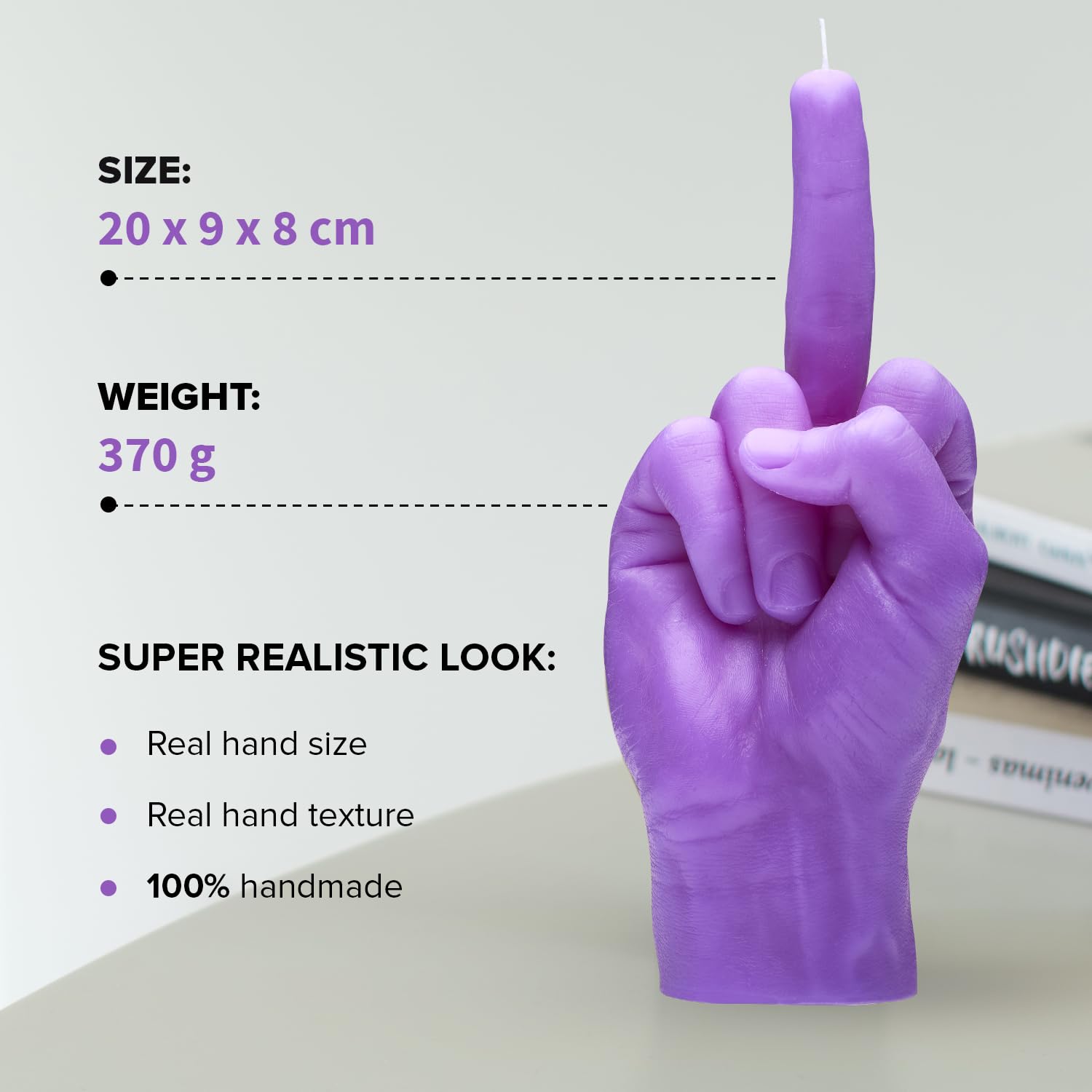 Candela per gesti delle mani F*CK YOU - Dito medio - Grande mano reale Dimensioni 22 x 9 x 8 cm - Compleanno insolito, ufficio, regalo di inaugurazione della casa (Viola)