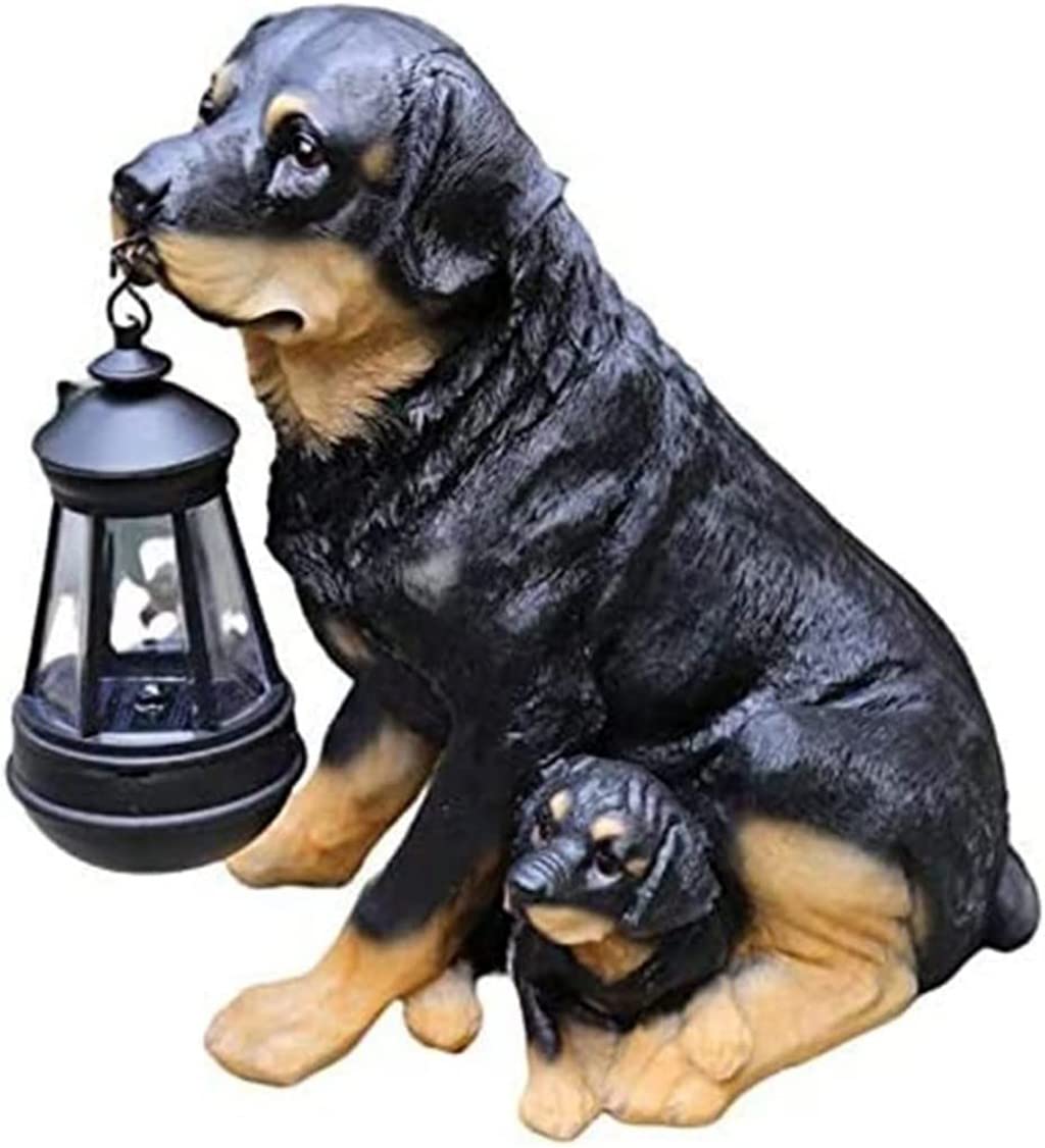 Adorno De Jardín para Perros Al Aire Libre Con Luz Solar, Estatua De Exterior Rottweiler, Estatuas De Jardín De Perro Realistas Con Luz, Luz Solar De Paisaje Del Césped