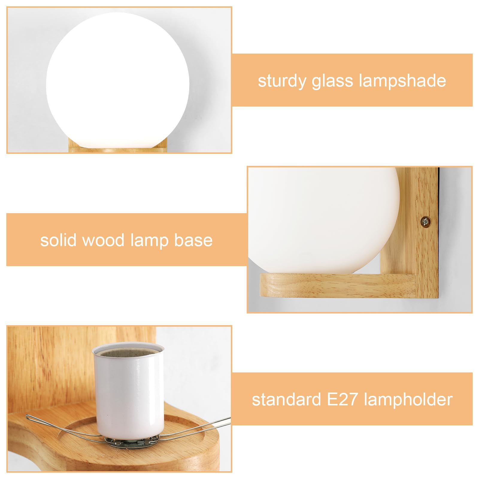 Tealight Applique da Parete Interno in Legno, Lampada da Parete Interno Vintage E27 per Camera da Letto, Lampada a Muro Palla di Vetro per Soggiorno Corridoio(Senza Lampadina), Wall Light Wood Round