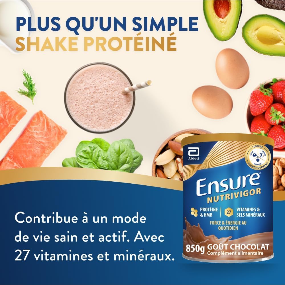 Ensure NutriVigor Chocolat & Fraise 850g - Complément alimentaire avec protéines, 27 vitamines et minéraux et HMB - Pour une alimentation saine et équilibrée - 1x Chocolat 850g + 1x Fraise 850g