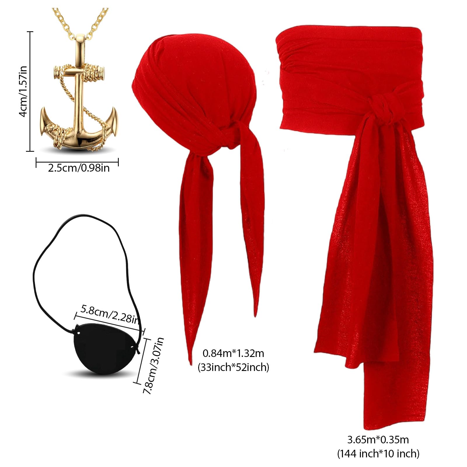 GWAWG 4PCS Pirate Costume Accessories Set,Captain Pirate Accessories with Red Bandana Belt,Red Bandana Belt comprehensive pirate accessory set for Women Men - Image 2