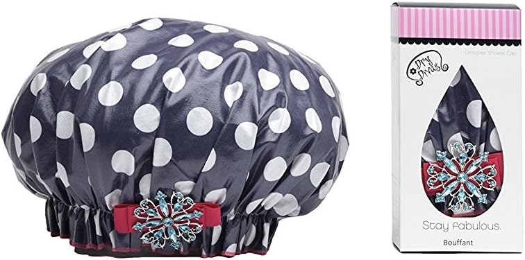 Dry Divas Designer Shower Cap For Women - Washable, Reusable - Large Bouffant Cap With Vintage Jeweled Brooch (Lotza Dotza)