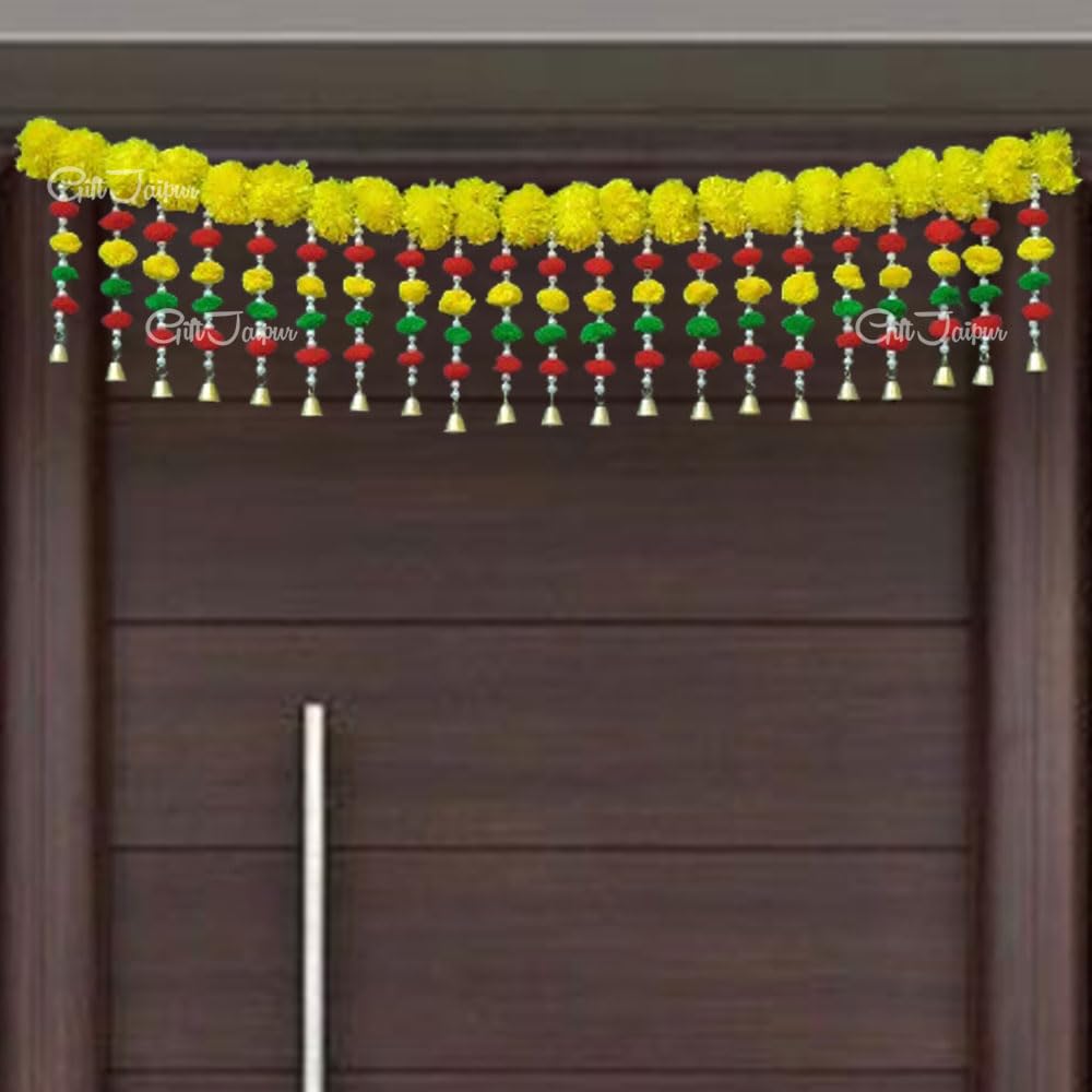 GIFT JAIPURHandmade Door Hanging Yellow Orange Merigold Flower Door Bandarwal Toran (MG-04) - Diwali Ganpati Pooja New Year Inauguration Wedding Festival Home Decor (40 Inch X 8 Inch)