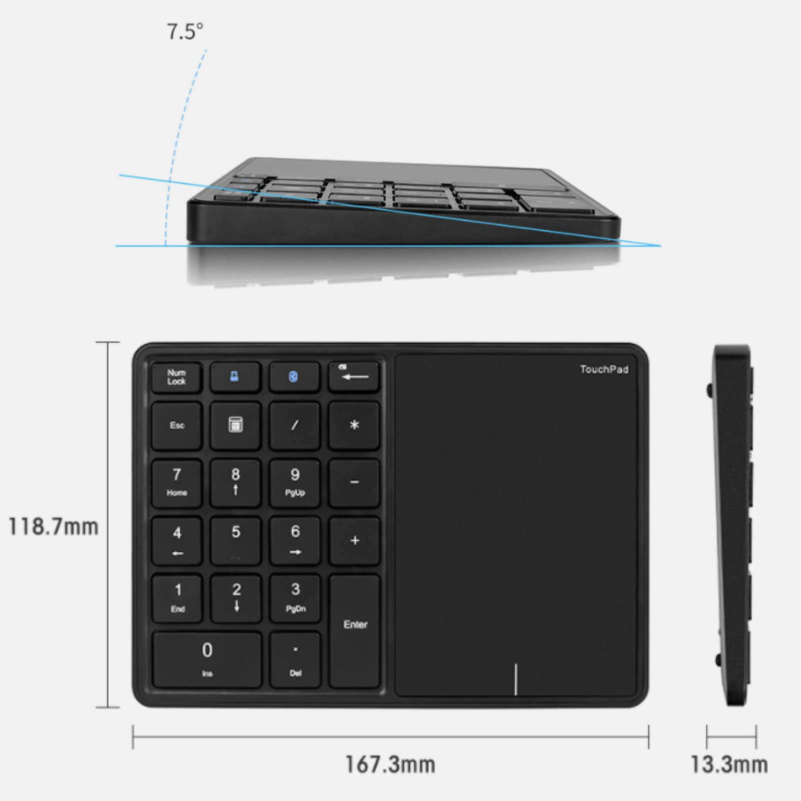 Yunseity Tastierino Numerico Wireless 2.4G con Touchpad, Tastierino Numerico Portatile Bluetooth a 22 Tasti, Tastiera Numerica Ricaricabile USB C per Contabilità Finanziaria(Nero)