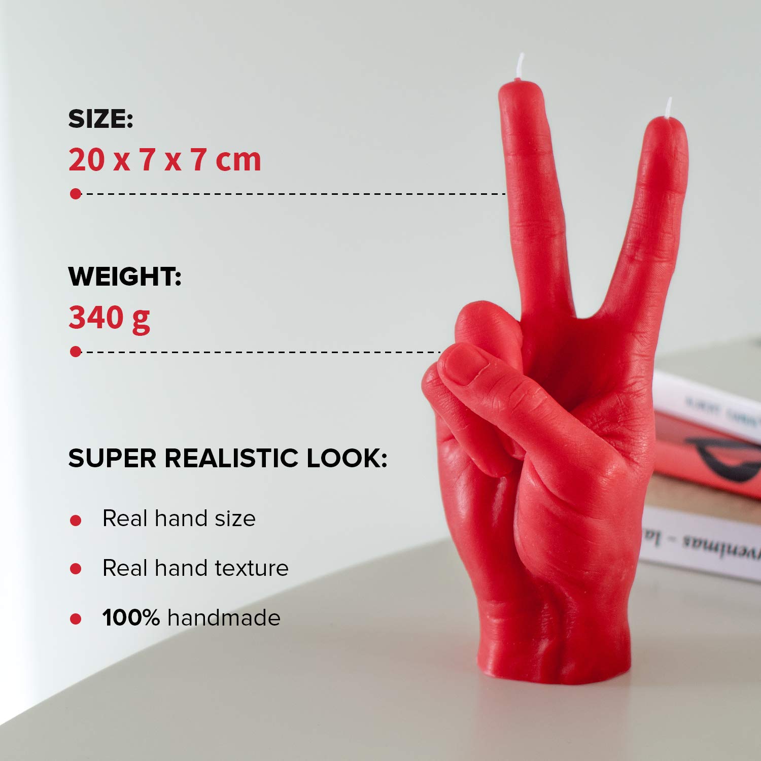 CandleHand Hand Gesture Candle Peace Sign - Big Real Hand Size 6.7 x 4.3 x 2.4 inches - Handmade Winner Statue - Birthday, Office, Housewarming Gift (Red)