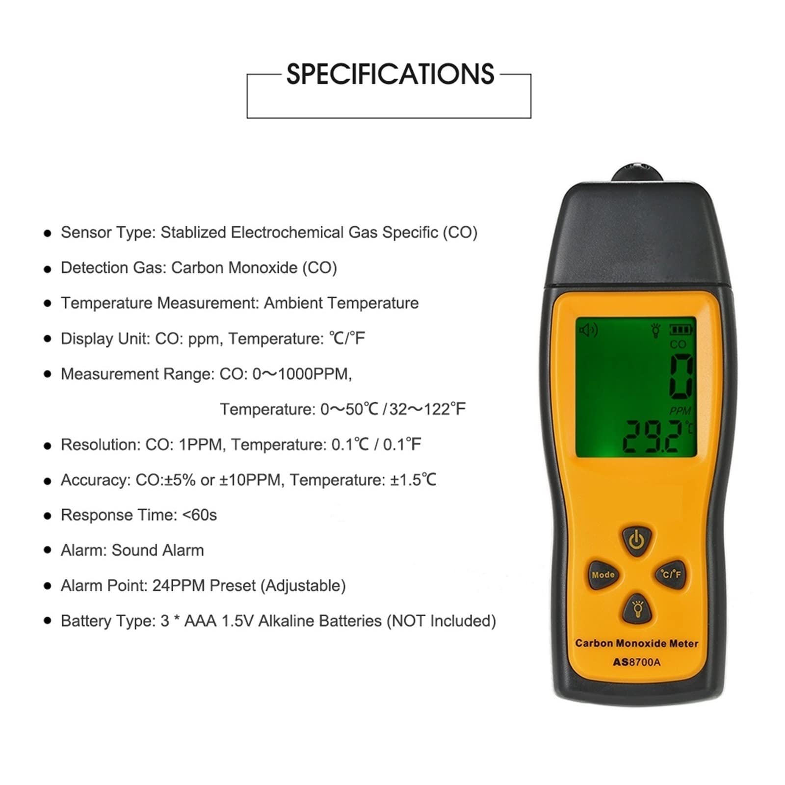 Gasdetektor, Tragbares Kohlenmonoxid-Messgerät, CO-Gastester, Monitor-Detektor, LCD-Display, Ton- und Lichtalarm, 0–1000 ppm