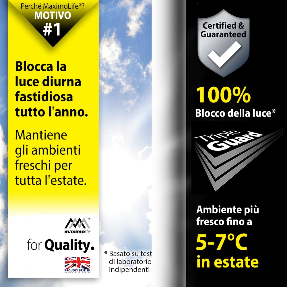 Tenda oscurante MaximoLife® Ultimate 100% | Adatta a finestre di qualsiasi dimensione/forma | Griglia guida di taglio per un taglio più facile | Ventose potenti | Gancio e passante resistenti