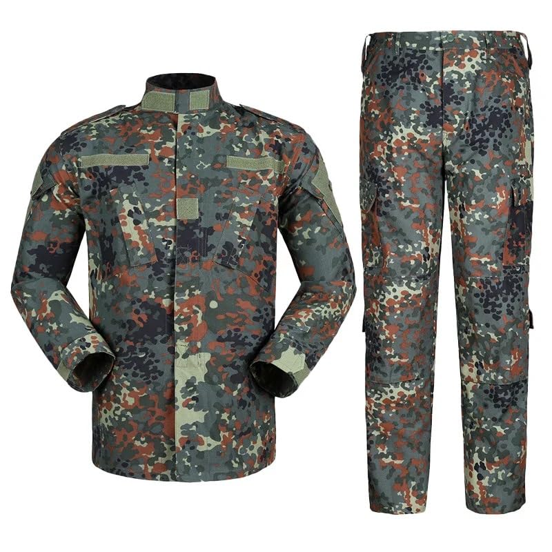 Uniforme táctico militar ejército en camuflaje flecktarn. Incluye camisa o chaqueta de manga larga y pantalón con bolsillos variados. Perfecto para airsoft o paintball