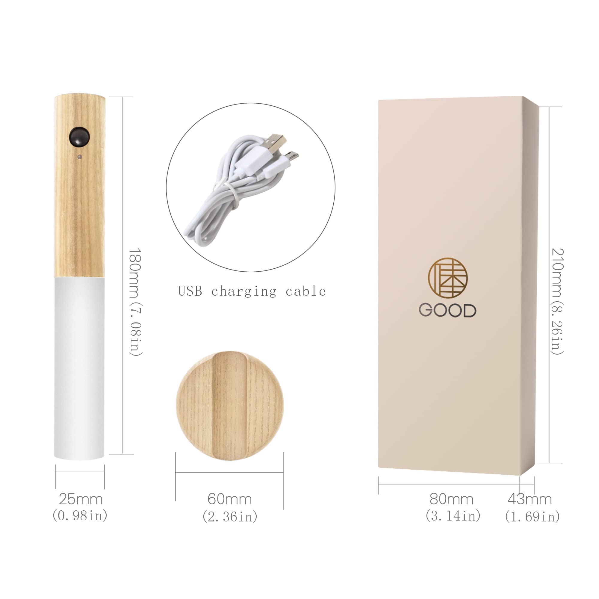 Luz nocturna magnética inalámbrica con sensor de movimiento, luces de pared recargables, habitación de los niños y más (madera de fresno blanco, 2 piezas)