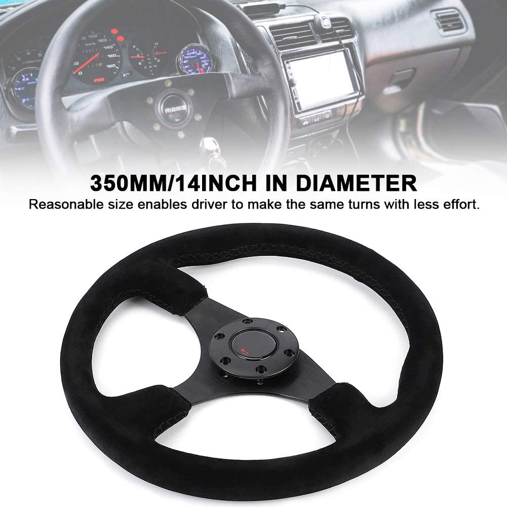 Steering Wheel, 14in/350mm for Style 6-Bolt Black Suede Racing Steering Wheel Black Stitching with Horn B for Racing Steering Wheel Suede Steering Wheel 350mm
