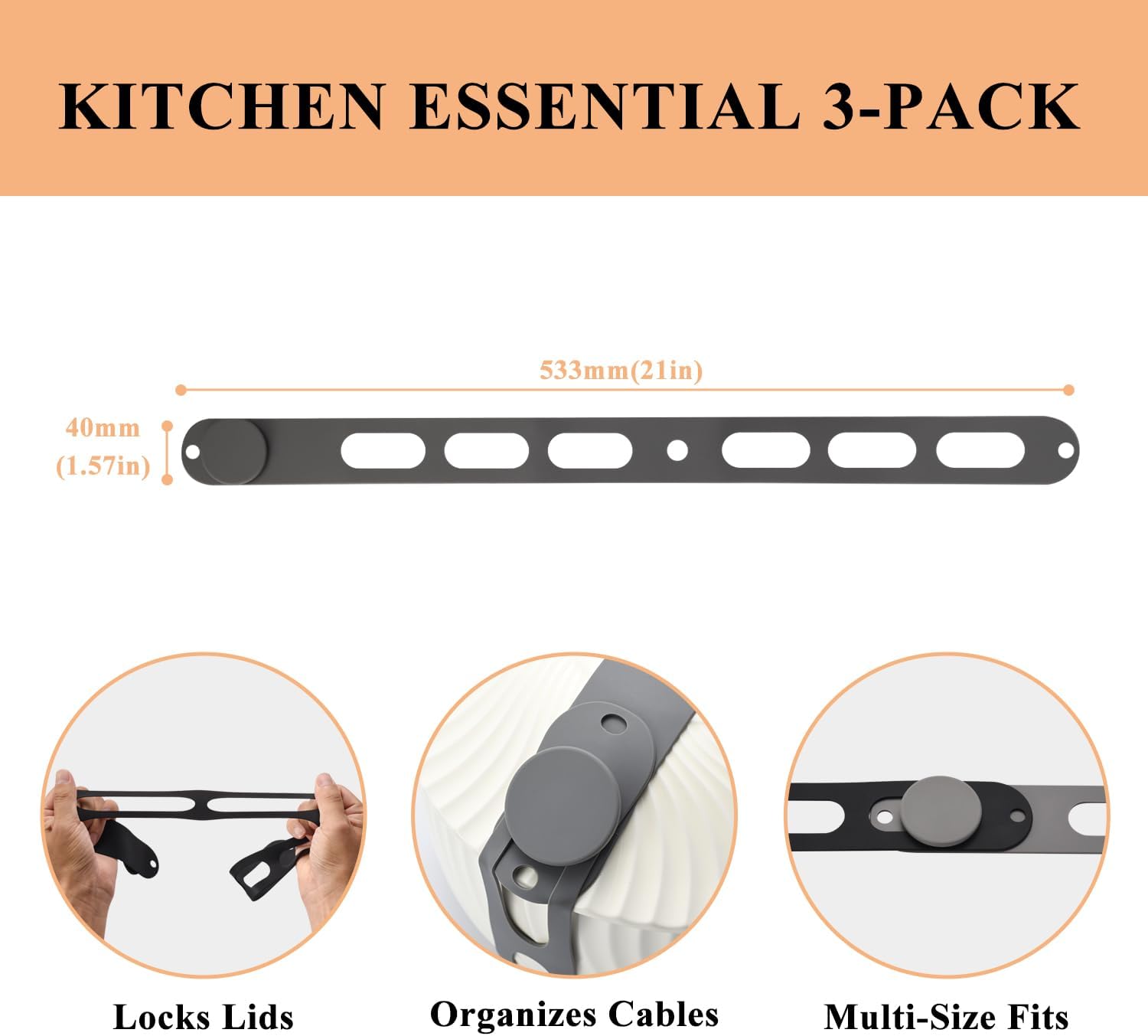 3-Pack Silicone Latch Strap for Slow Cooker Lid, Pot, Bento Box, Adjustable Length and Reusable Elastic Self-Lock Silicone Tie for Bundling or Organizing Curtain, Cords, Yoga Mat, Camping Mat (21 in)