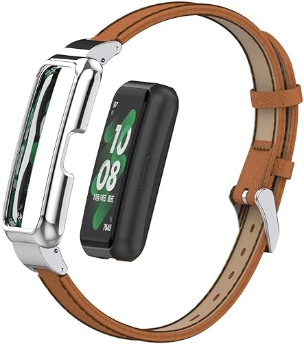 Pulsera compatible con Huawei Band 8, correa de repuesto de cuero con marco de metal para Huawei Band 789