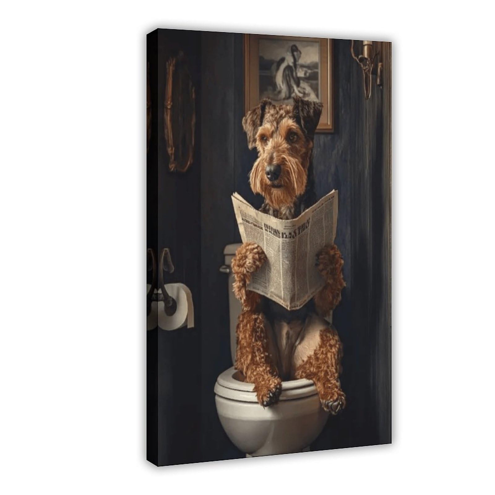 Nffbgfd Airedale Terrier On Toilet Canvas Poster Bedroom Decor Landscape Decor Gift 16X24inch(40X60cm)