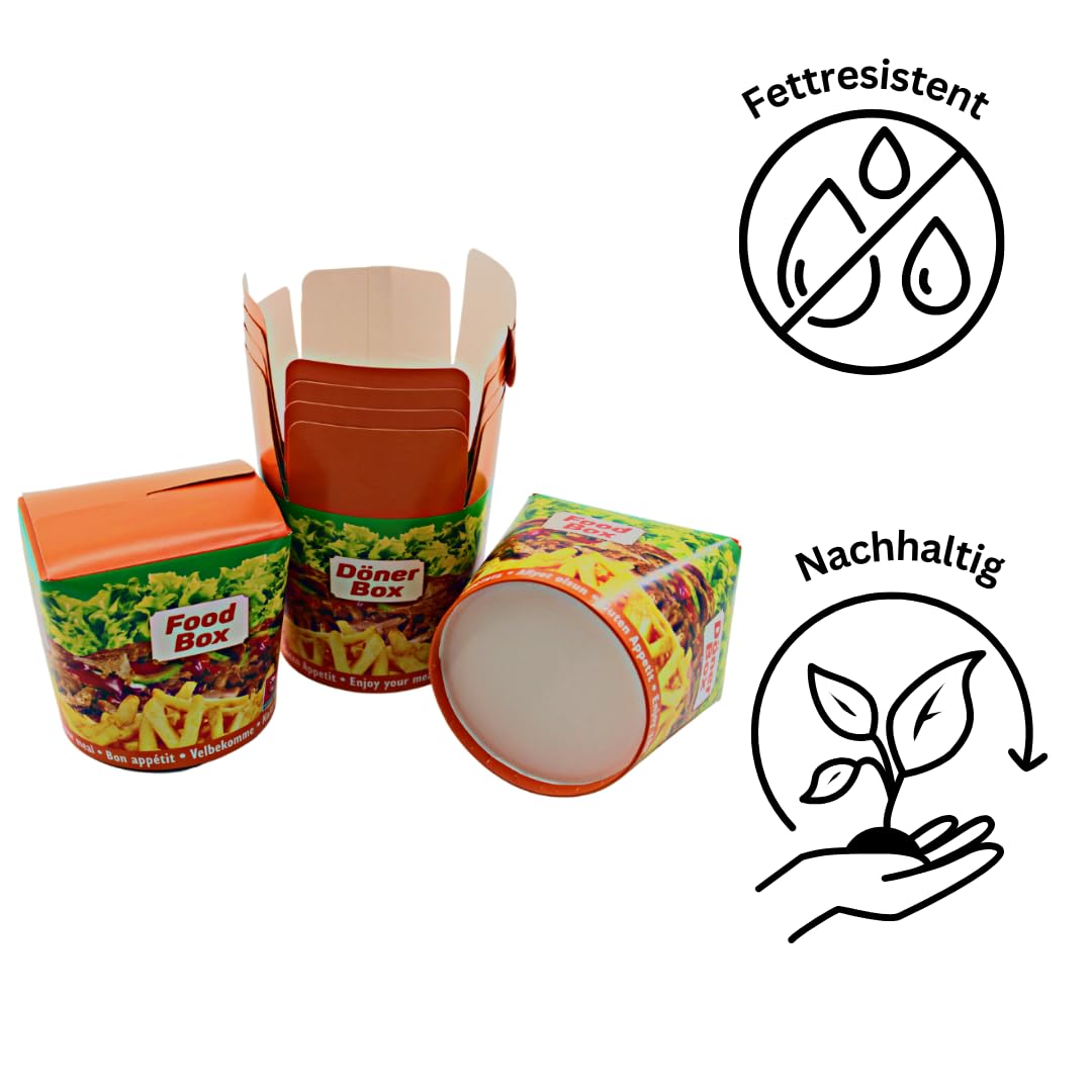 Enpack Döner-Box aus Kraftpapier mit Faltdeckel, 500 ml (16 oz) – 500 Stück – Einweg Food-Container To Go – Asia-/Nudelbox, Snackboxen für Take-Away & Lieferservice